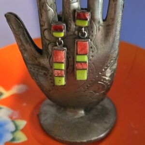 Sterling silver dangle post earrings with spiny oyster and gaspeite inlay